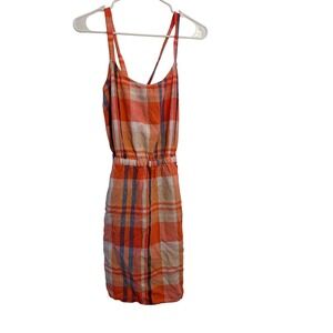 Old Navy Plaid Sundress Womens L Orange Blue Linen Blend Cross Back Pockets